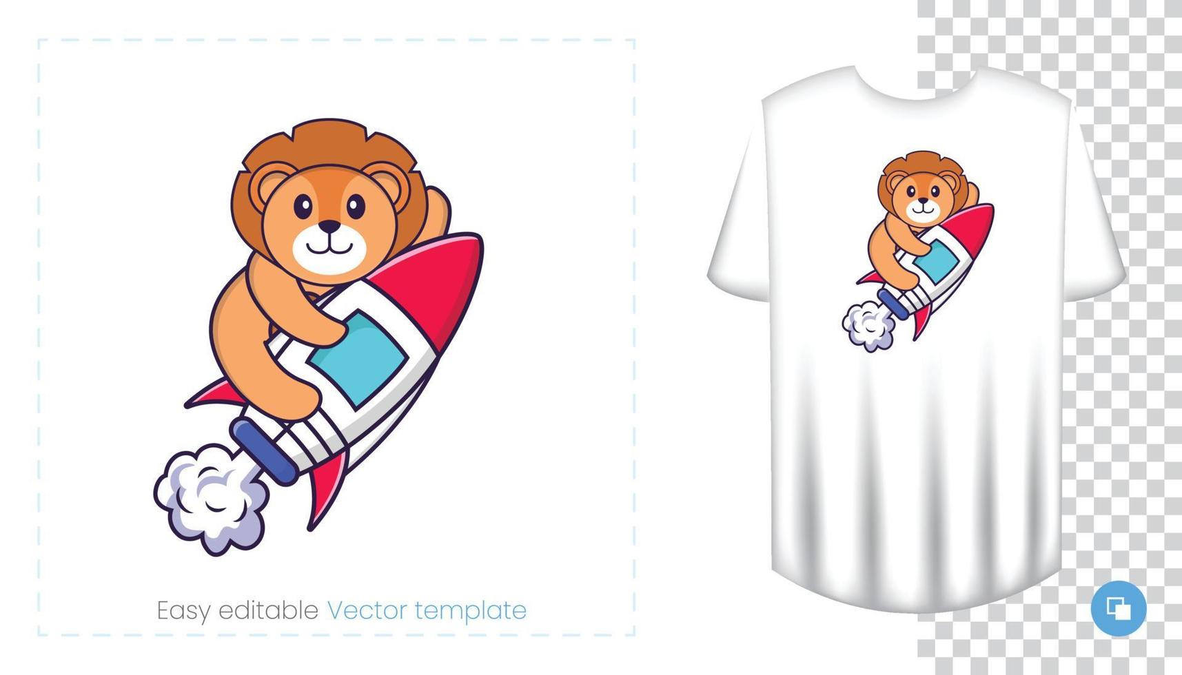 Cute lion character. Prints on T-shirts, sweatshirts, cases for mobile phones, souvenirs. Isolated vector illustration on white background.