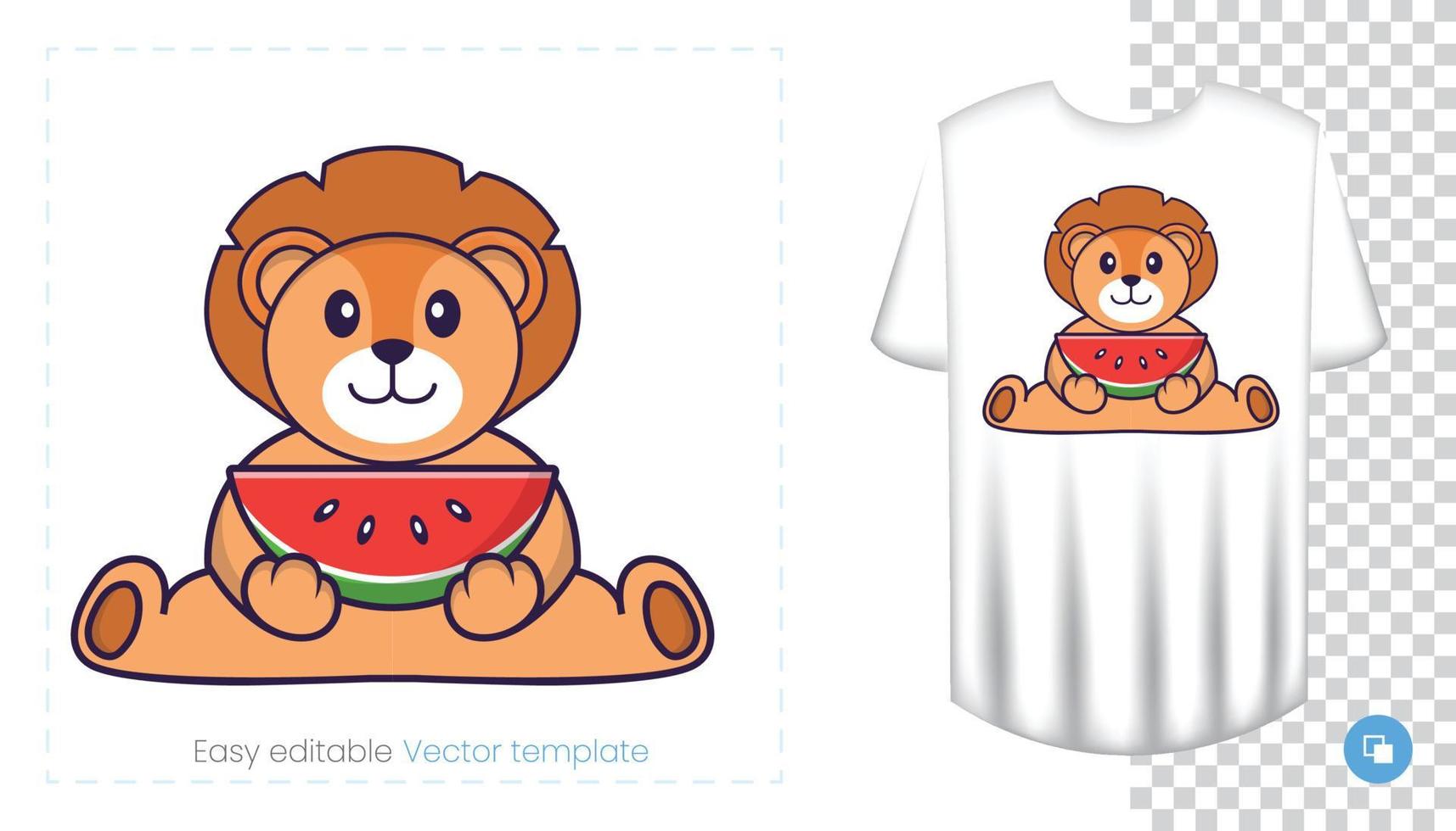 Cute lion character. Prints on T-shirts, sweatshirts, cases for mobile phones, souvenirs. Isolated vector illustration on white background.