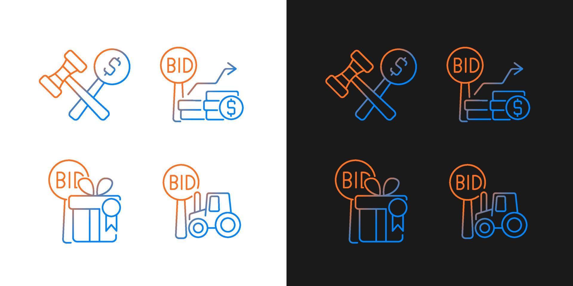 Agriculture auction components gradient icons set for dark and light mode. Farm equipment selling. Thin line contour symbols bundle. Isolated vector outline illustrations collection on black and white