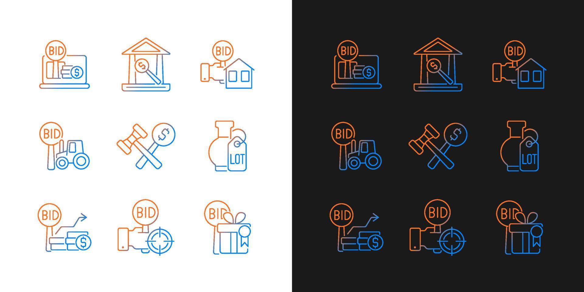 Types of bargaining gradient icons set for dark and light mode. Auction house. Auction winner. Thin line contour symbols bundle. Isolated vector outline illustrations collection on black and white