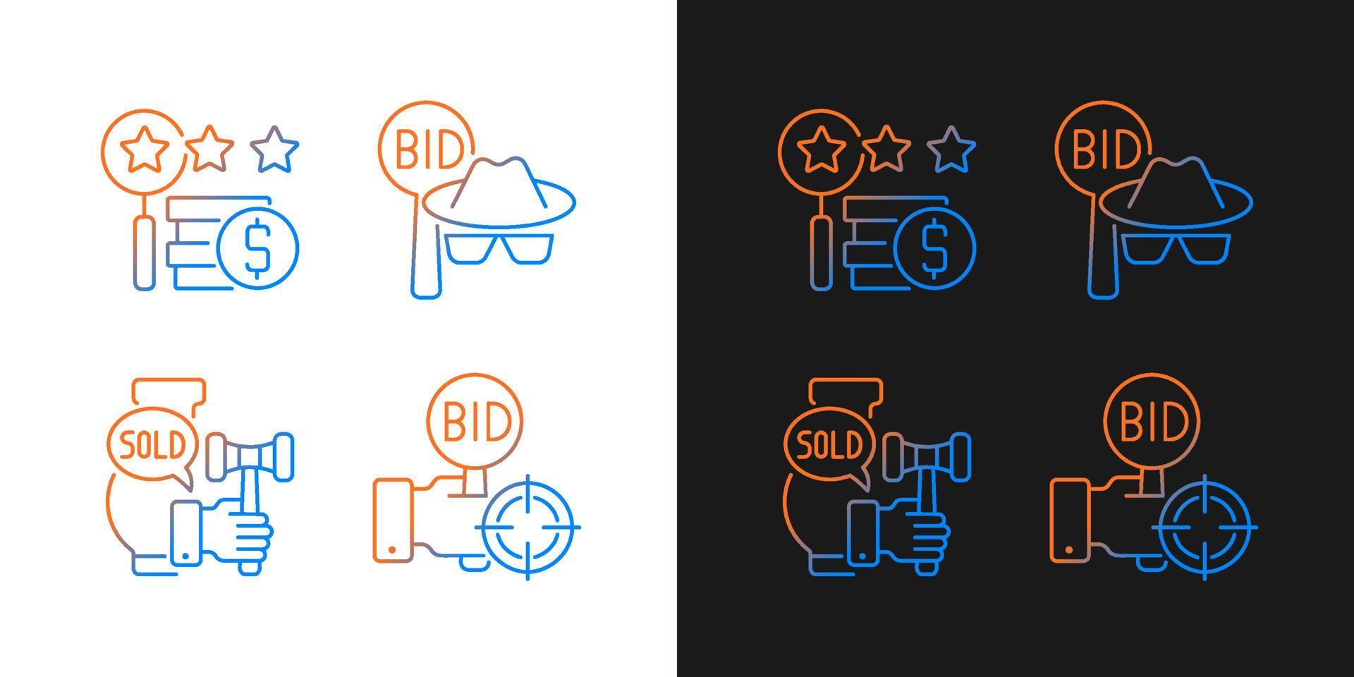 Auction components gradient icons set for dark and light mode. Auctioneer. Appraisal process. Thin line contour symbols bundle. Isolated vector outline illustrations collection on black and white