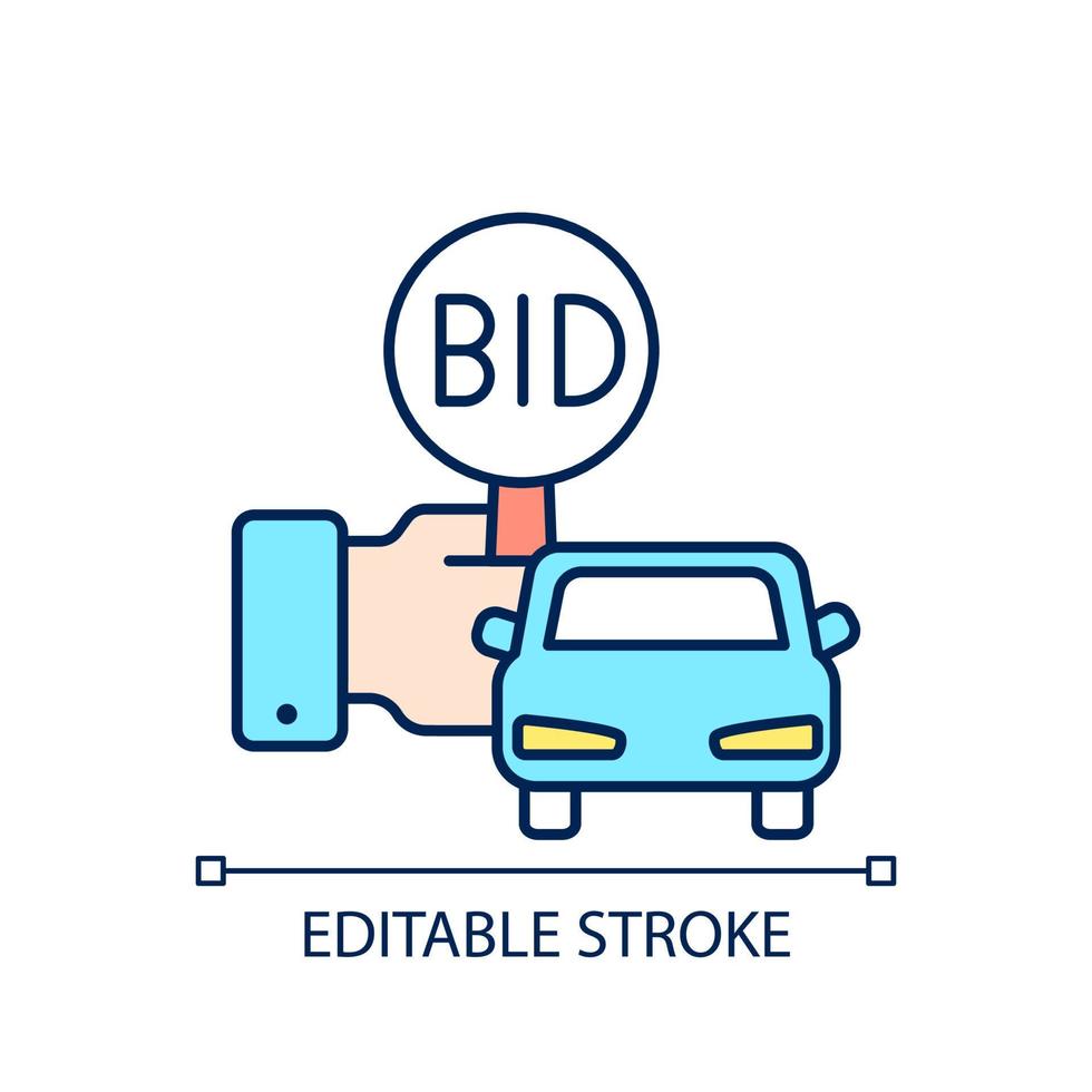 Vehicle auction RGB color icon. Bidding paddle. Automobile selling. Auto bargaining winner. Highest offer wins. Isolated vector illustration. Simple filled line drawing. Editable stroke