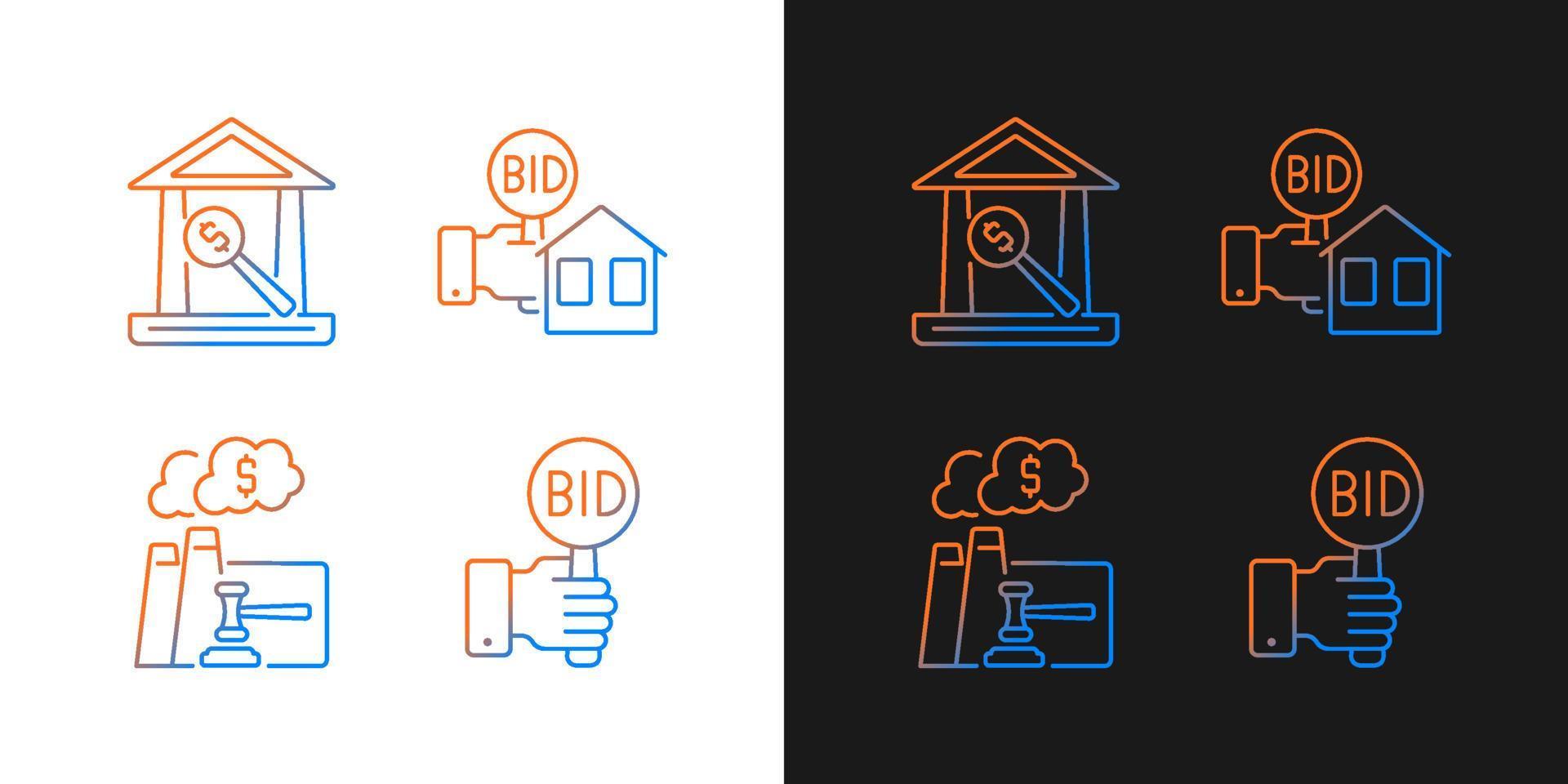 Bargaining for property gradient icons set for dark and light mode. Auction house. Bidding. Thin line contour symbols bundle. Isolated vector outline illustrations collection on black and white