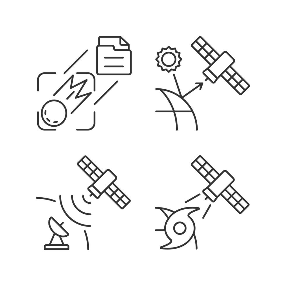 Climate monitoring satellites linear icons set. Meteorological Earth observation system. Customizable thin line contour symbols. Isolated vector outline illustrations. Editable stroke
