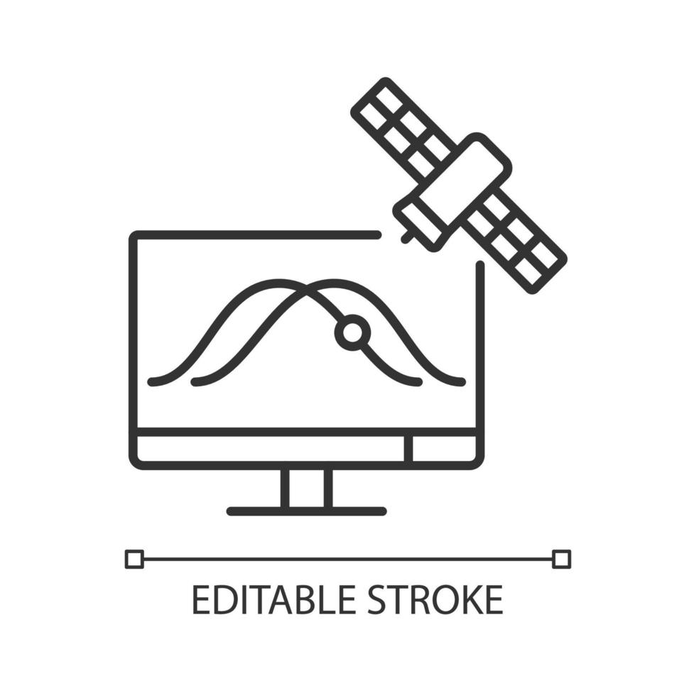 icono lineal de seguimiento por satélite. Observación de órbitas de satélites artificiales a través de la aplicación. Ilustración personalizable de línea fina. símbolo de contorno. dibujo de contorno aislado vectorial. trazo editable vector