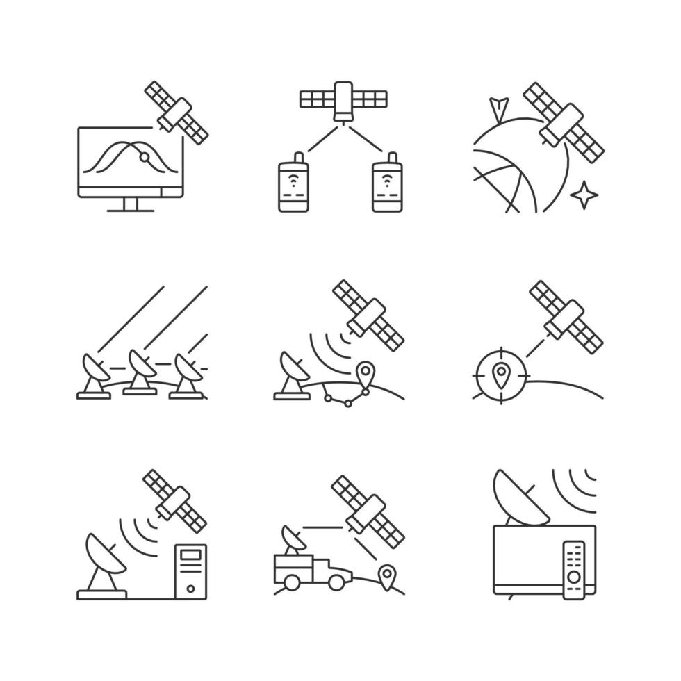 Artificial satellites linear icons set. Satellite tracking, navigation, positioning system. Customizable thin line contour symbols. Isolated vector outline illustrations. Editable stroke