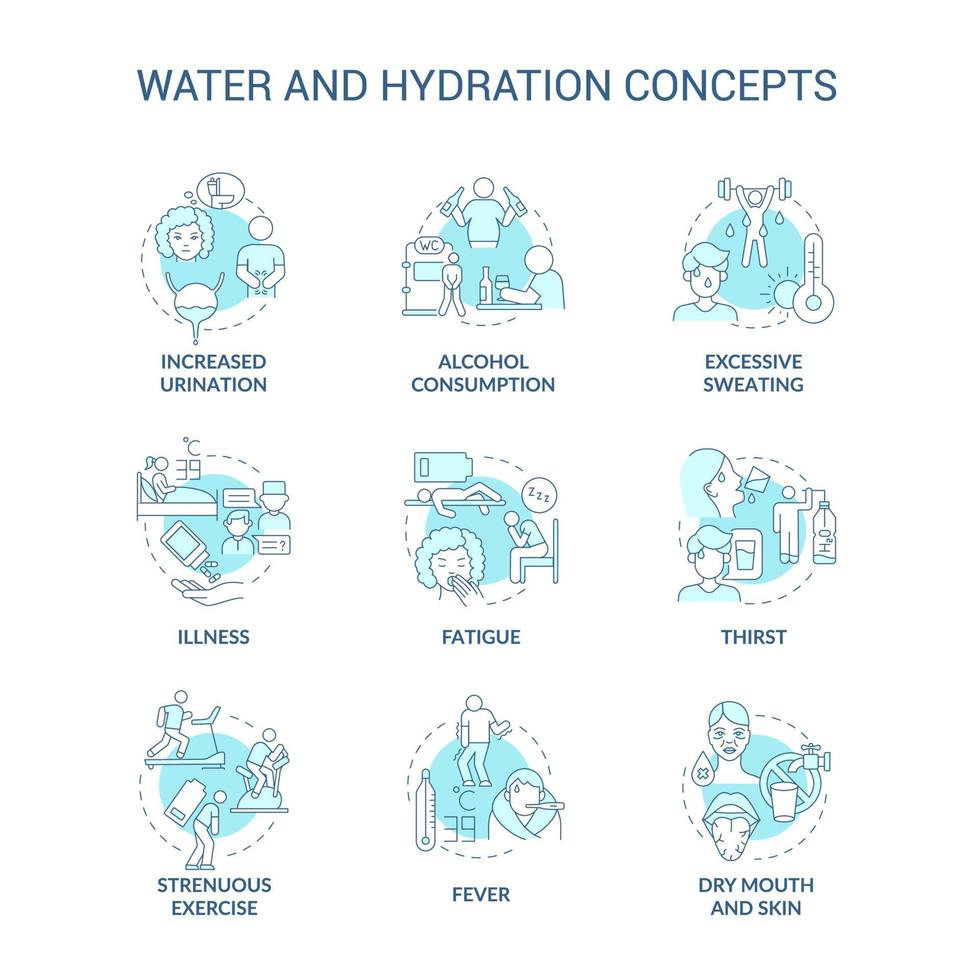 Conjunto de iconos de concepto azul de agua e hidratación. síntomas de deshidratación. consumo de líquido adicional. equilibrio hídrico idea ilustraciones en color de línea fina. dibujos de contorno aislados vectoriales. trazo editable vector