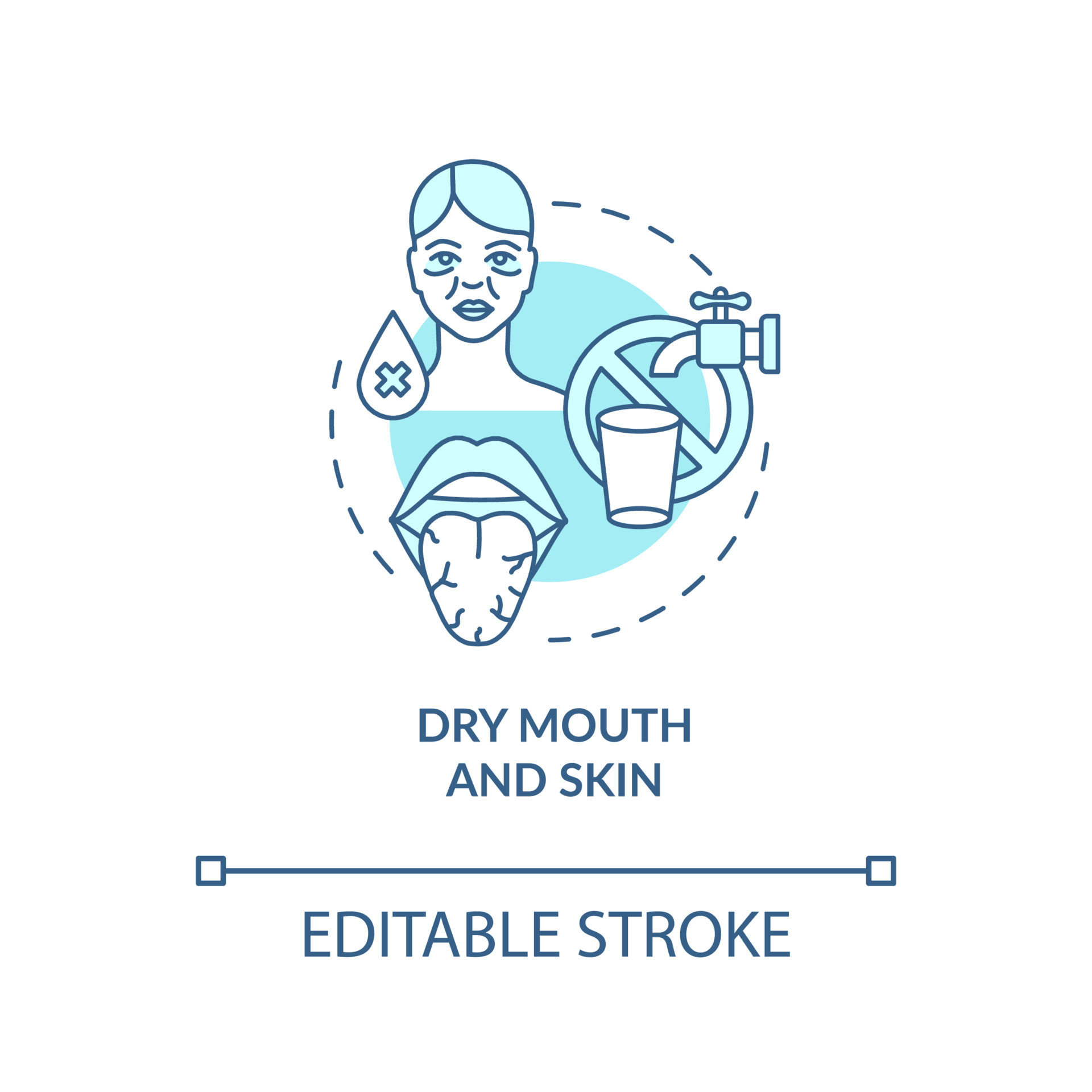 Dry mouth and skin blue concept icon. Dehydration symptom. Saliva