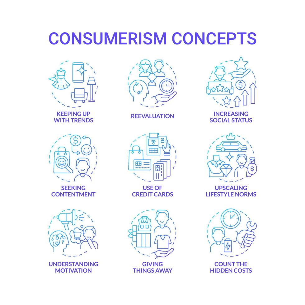 Consumerism blue gradient concept icons set. Mindless purchasing. Reasons to buy more. Spend money. Excessive buying idea thin line color illustrations. Vector isolated outline drawings