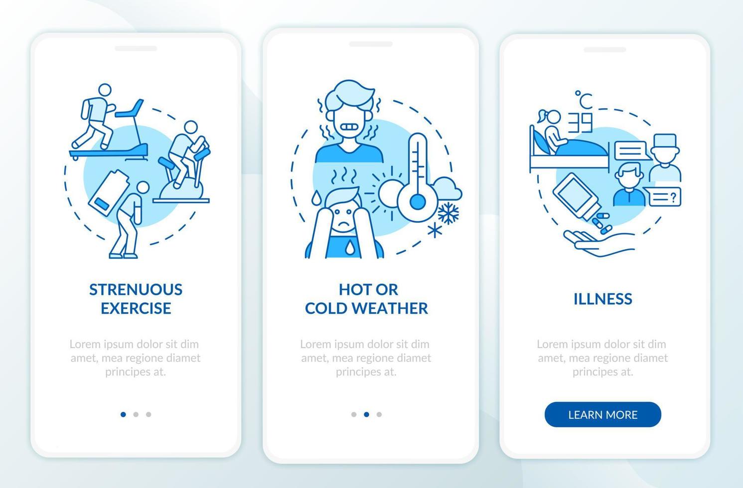 Increased fluid consumption blue onboarding mobile app page screen. Rehydration walkthrough 3 steps graphic instructions with concepts. UI, UX, GUI vector template with linear color illustrations