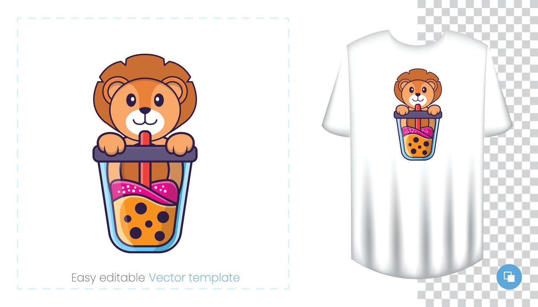 Cute lion character. Prints on T-shirts, sweatshirts, cases for mobile phones, souvenirs. Isolated vector illustration on white background.