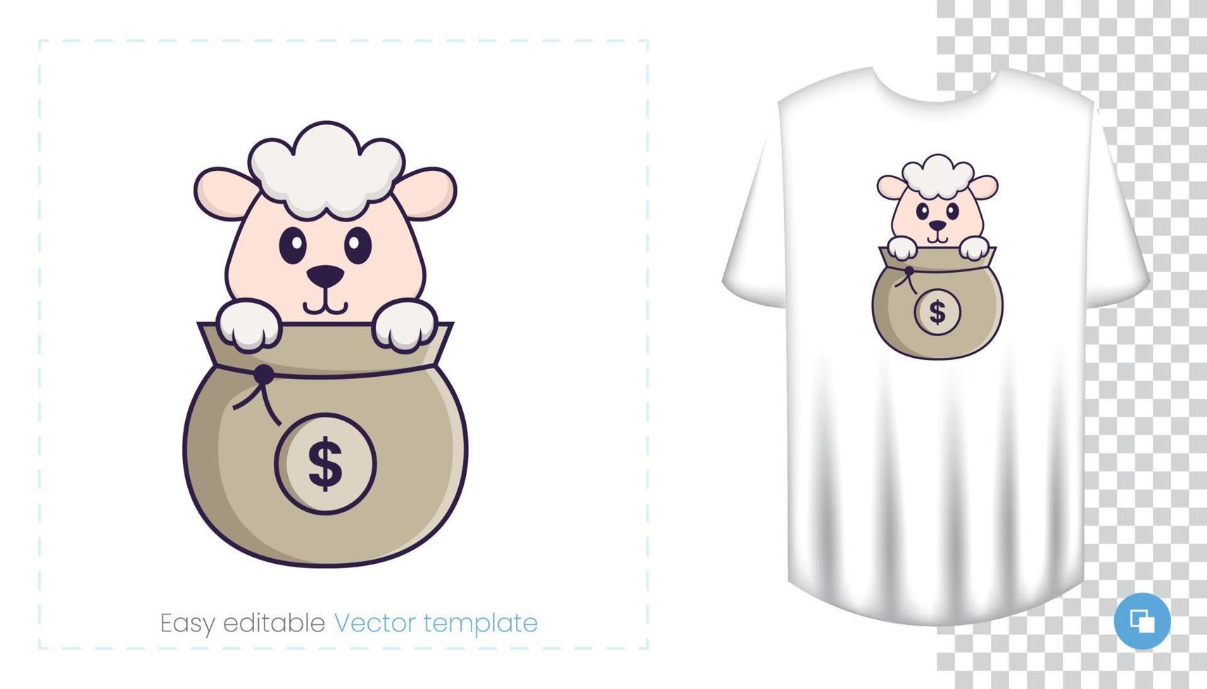 lindo personaje de oveja. estampados en camisetas, sudaderas, fundas para móviles, souvenirs. Ilustración de vector aislado sobre fondo blanco.