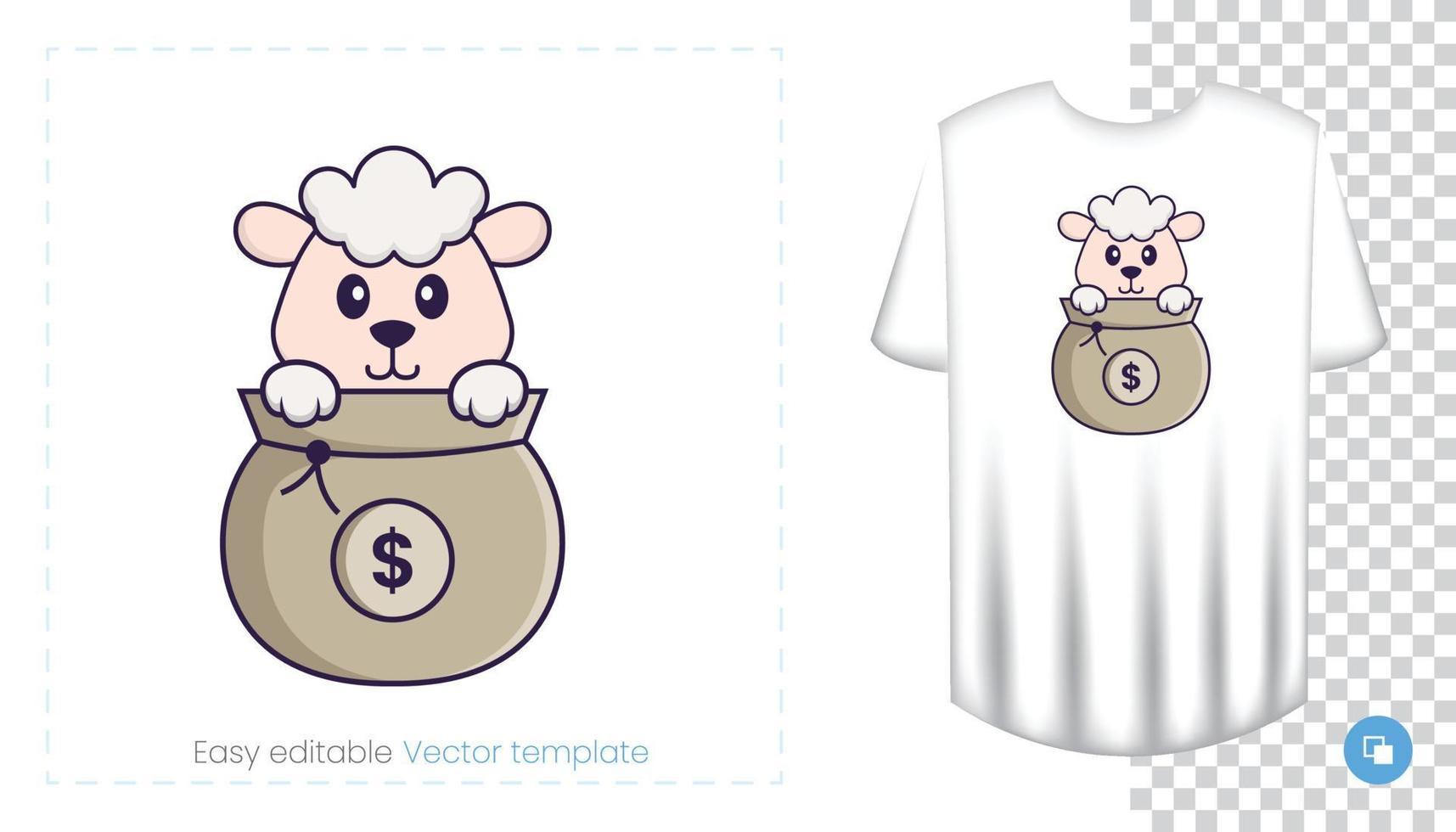 Cute sheep character. Prints on T-shirts, sweatshirts, cases for mobile phones, souvenirs. Isolated vector illustration on white background.