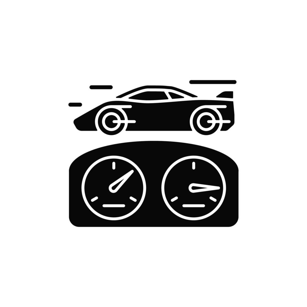 Top speed black glyph icon. Sports car racing. Detecting vehicle speed. Professional auto sport. Testing car limits. Check speedometer. Silhouette symbol on white space. Vector isolated illustration