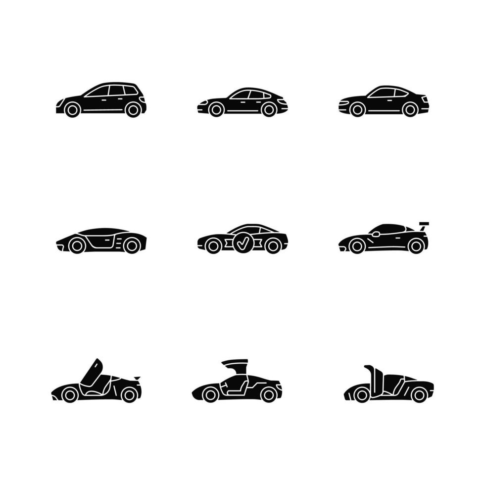 modelos de coches deportivos iconos de glifos negros en espacios en blanco. diseños de puertas no estándar. experiencia de conducción a alta velocidad. vehículos orientados al rendimiento. símbolos de silueta. vector ilustración aislada