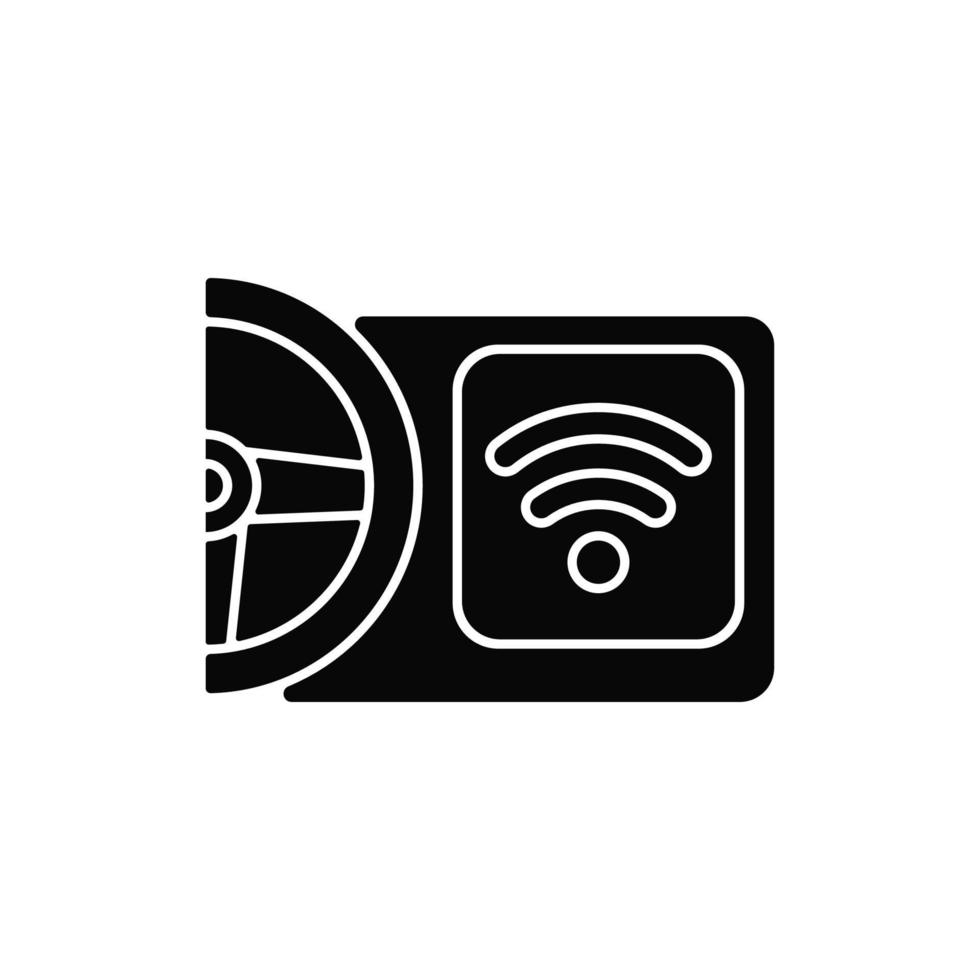 Built in wifi hotspot black glyph icon. Wi-Fi enabled vehicle. Car with internet connection capability. Providing connectivity. Silhouette symbol on white space. Vector isolated illustration