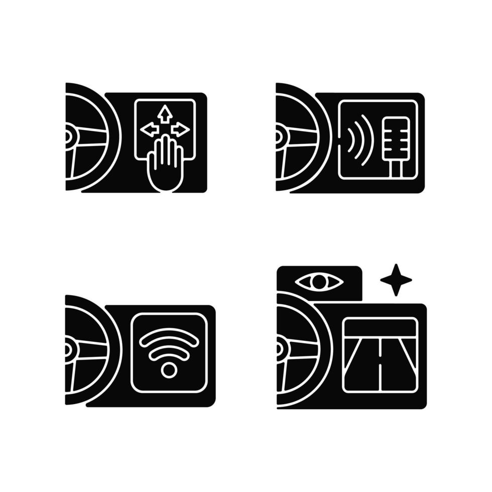 Advanced car technologies black glyph icons set on white space. Gesture control. Digital voice assistance. Built in wifi hotspot. Night vision. Silhouette symbols. Vector isolated illustration