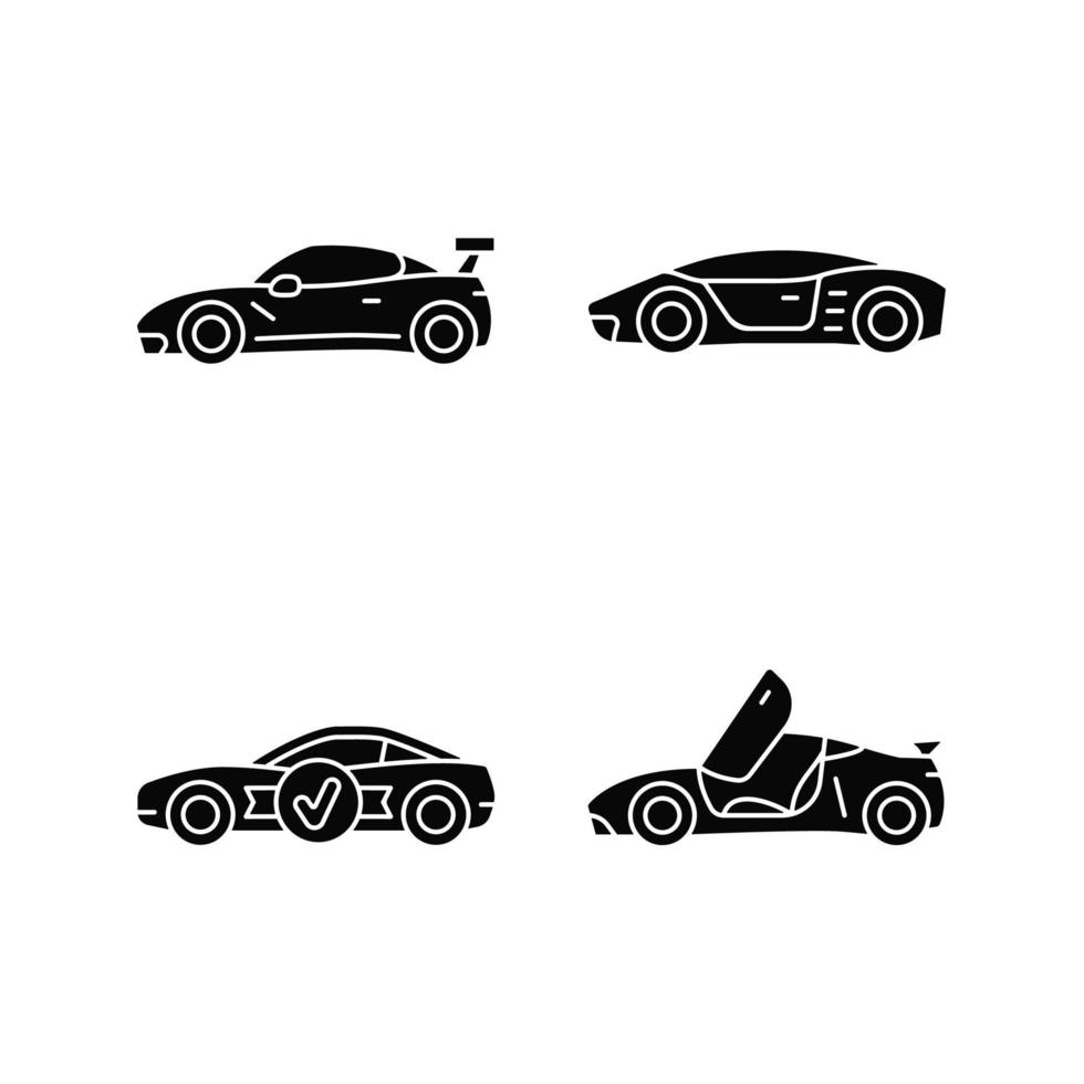 iconos de glifos negros de modelos de autos de carrera en espacios en blanco. Vehículo personalizado. auto de clase mundial. diseño de puerta único. automóvil profesional de alta calificación. símbolos de silueta. vector ilustración aislada