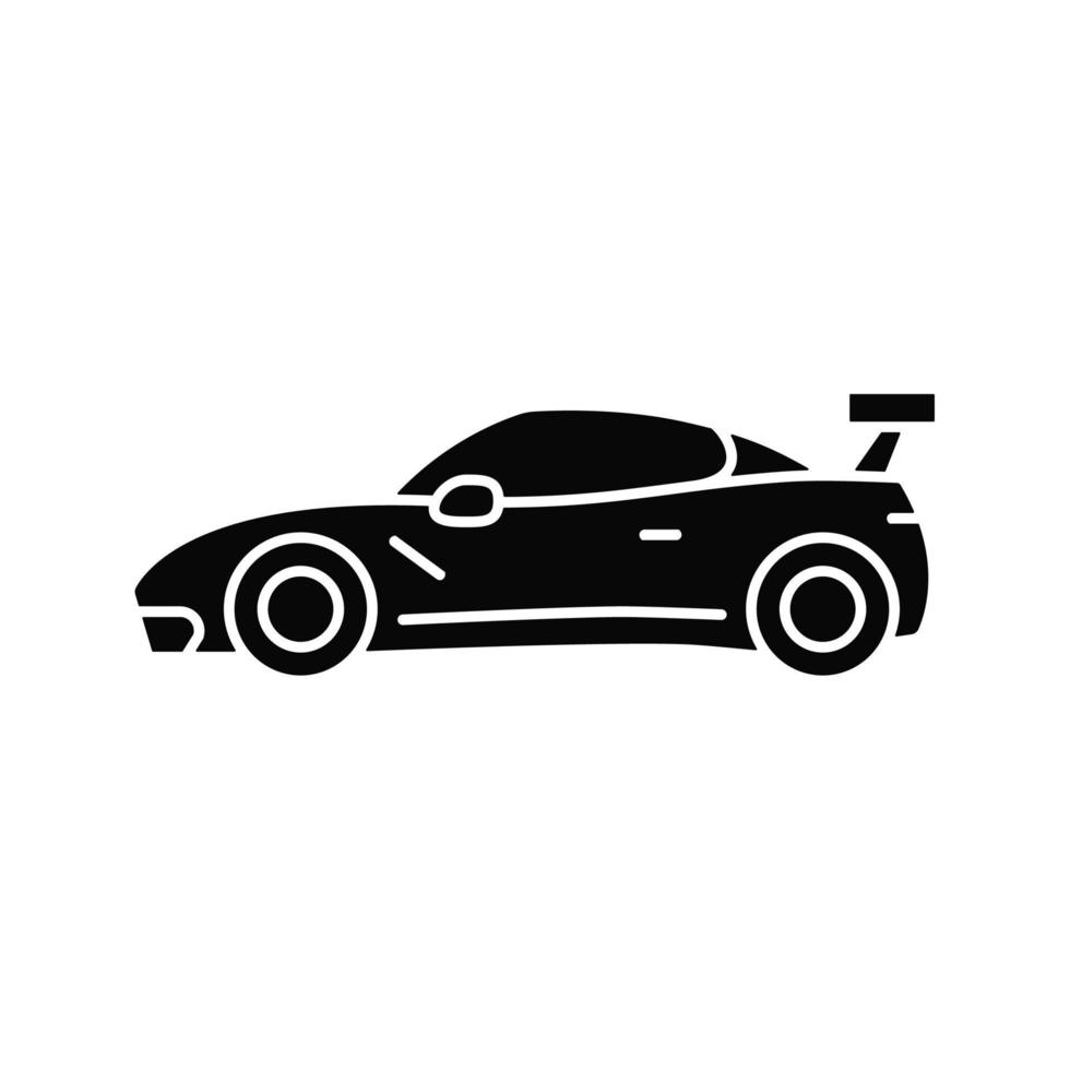 icono de glifo negro de coche deportivo personalizado. diseño de vehículos para carreras callejeras. mejorar el rendimiento del automóvil. accesorios del mercado de accesorios. símbolo de silueta en el espacio en blanco. vector ilustración aislada