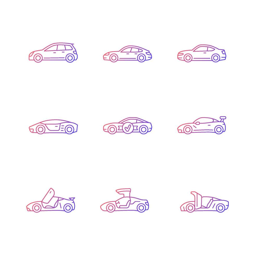 Sports car models gradient linear vector icons set. Non-standard door designs. High-speed driving experience. Thin line contour symbols bundle. Isolated outline illustrations collection