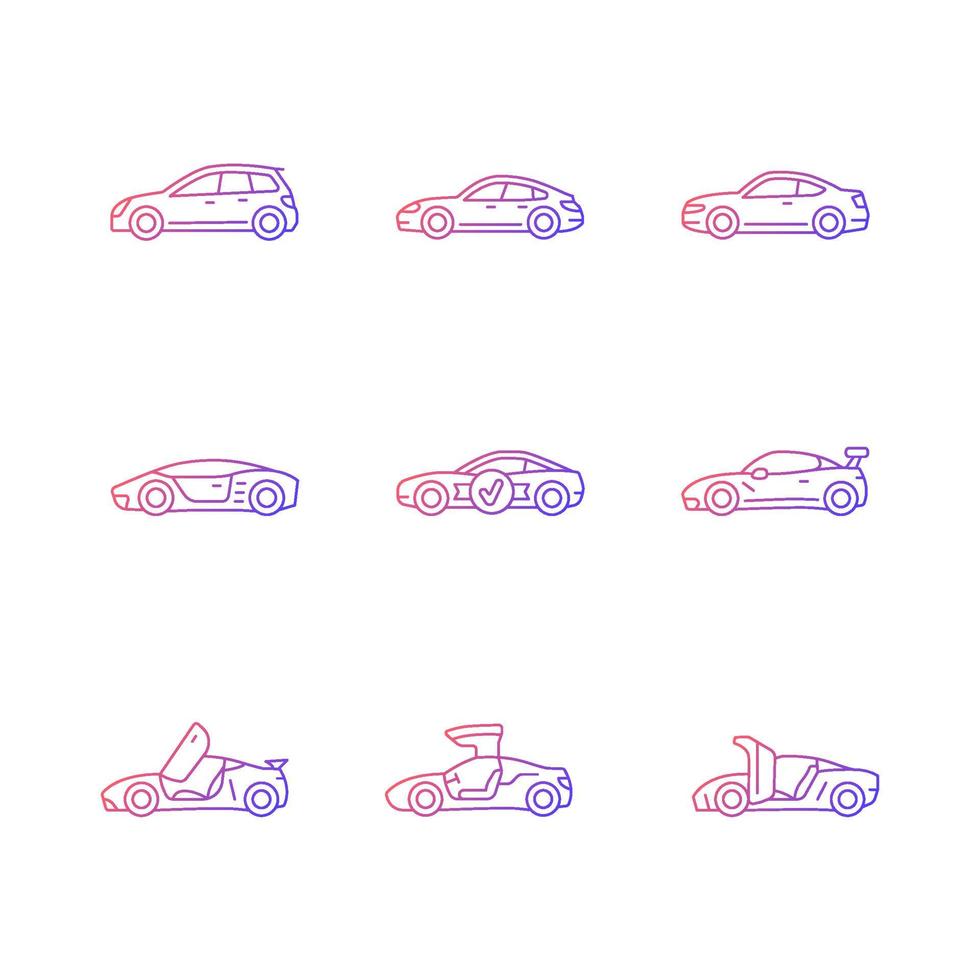 Conjunto de iconos de vector lineal degradado de modelos de coches deportivos. diseños de puertas no estándar. experiencia de conducción a alta velocidad. paquete de símbolos de contorno de línea delgada. colección de ilustraciones de contorno aislado