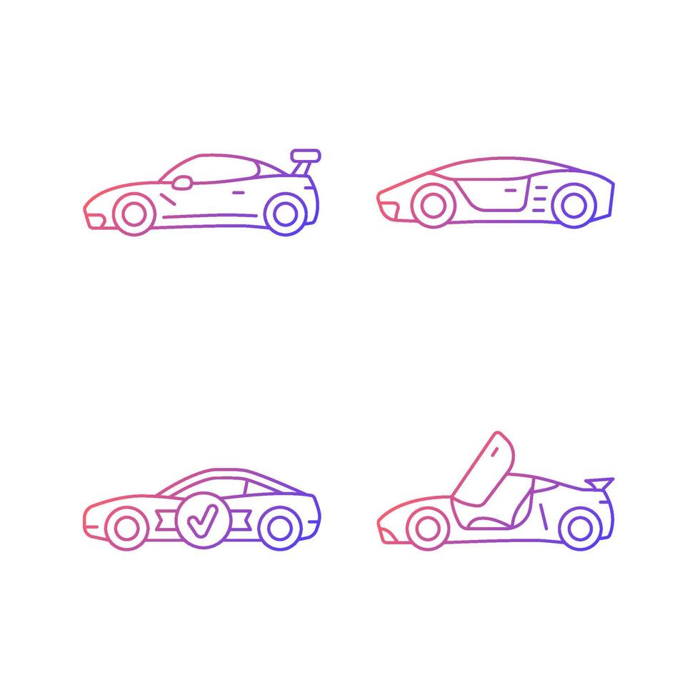 Conjunto de iconos de vector lineal degradado de modelos de coche de carrera. Vehículo personalizado. Auto profesional de alta calificación. diseño de puerta único. paquete de símbolos de contorno de línea delgada. colección de ilustraciones de contorno aislado