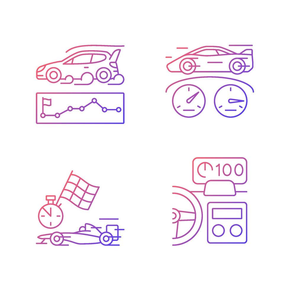 Automobiles racing for competition gradient linear vector icons set. Rallying event. Test car limits. Head up display. Thin line contour symbols bundle. Isolated outline illustrations collection