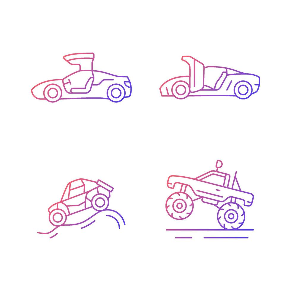 Driving specially-modified vehicles gradient linear vector icons set. Hinge mechanism. Off road racing. Monster truck. Thin line contour symbols bundle. Isolated outline illustrations collection