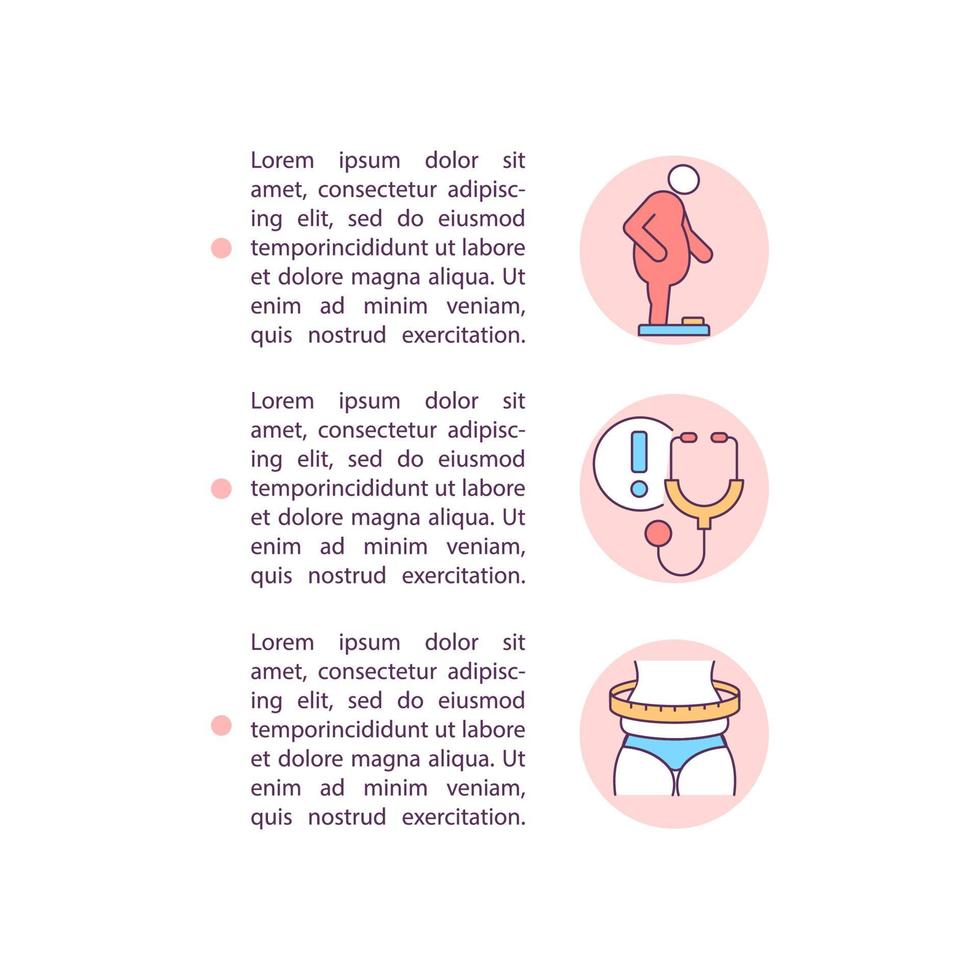 iconos de línea de concepto de problemas de salud con texto. plantilla de vector de página ppt con espacio de copia. folleto, revista, elemento de diseño de boletín. el consumo excesivo conduce a la obesidad ilustraciones lineales en blanco