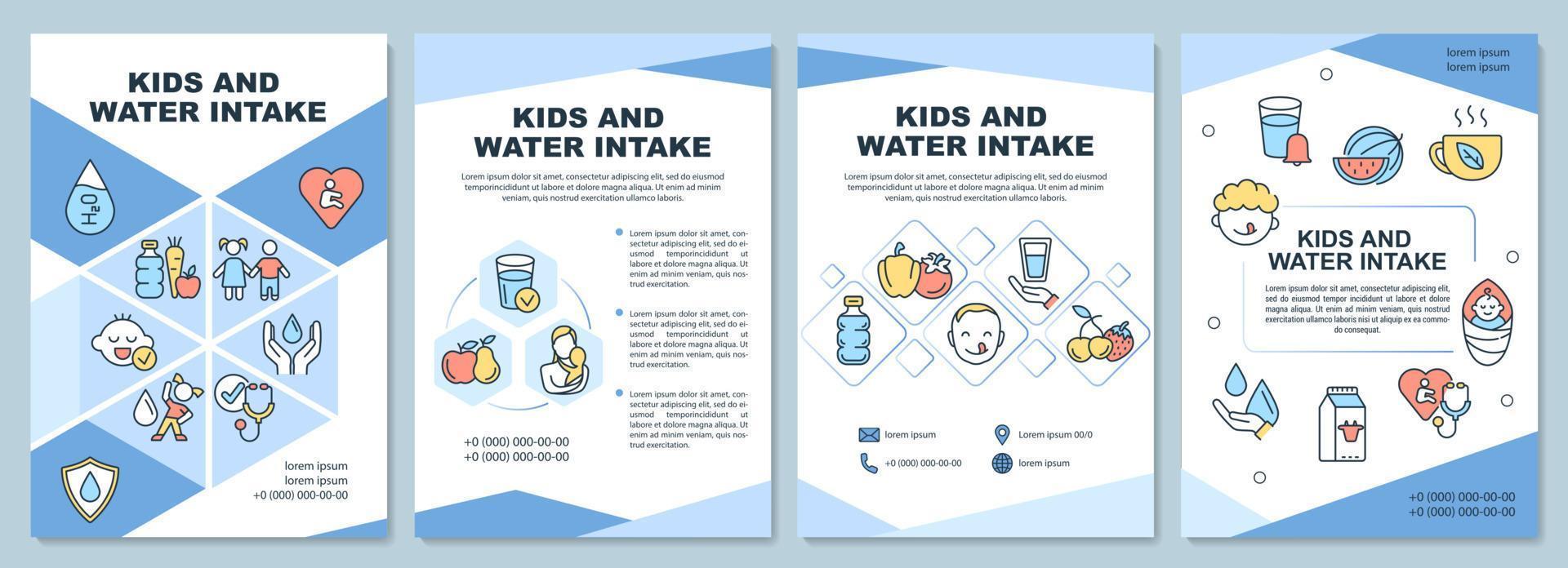 niños y plantilla de folleto de ingesta de agua. cantidad de agua para niños. folleto, folleto, impresión de folletos, diseño de portada con iconos lineales. diseños vectoriales para presentaciones, informes anuales, páginas publicitarias vector