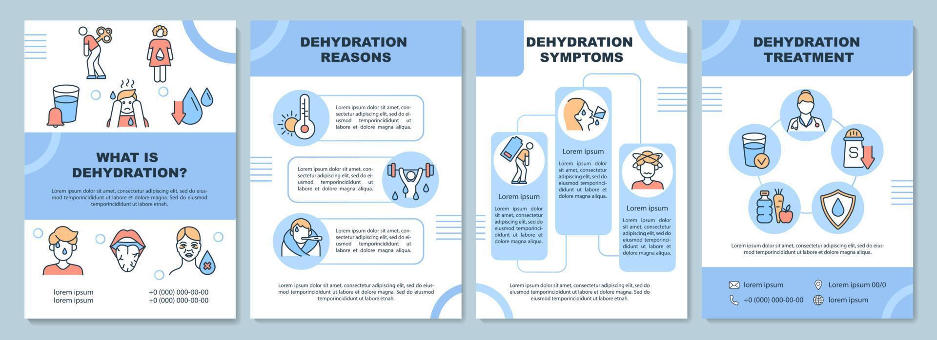 Dehydration brochure template. Water loss reasons and symptoms. Flyer, booklet, leaflet print, cover design with linear icons. Vector layouts for presentation, annual reports, advertisement pages