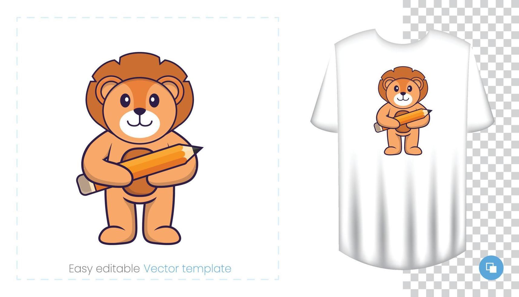 Cute lion character. Prints on T-shirts, sweatshirts, cases for mobile phones, souvenirs. Isolated vector illustration on white background.