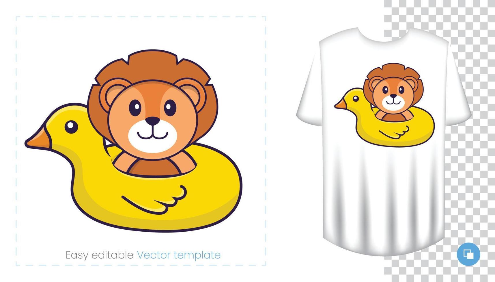 Cute lion character. Prints on T-shirts, sweatshirts, cases for mobile phones, souvenirs. Isolated vector illustration on white background.