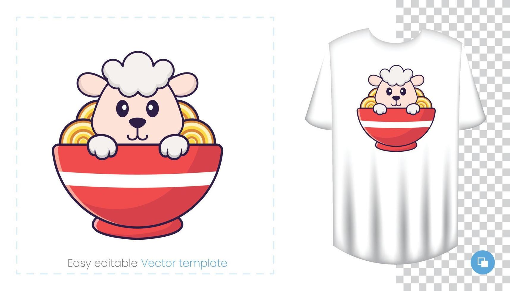 Cute sheep character. Prints on T-shirts, sweatshirts, cases for mobile phones, souvenirs. Isolated vector illustration on white background.