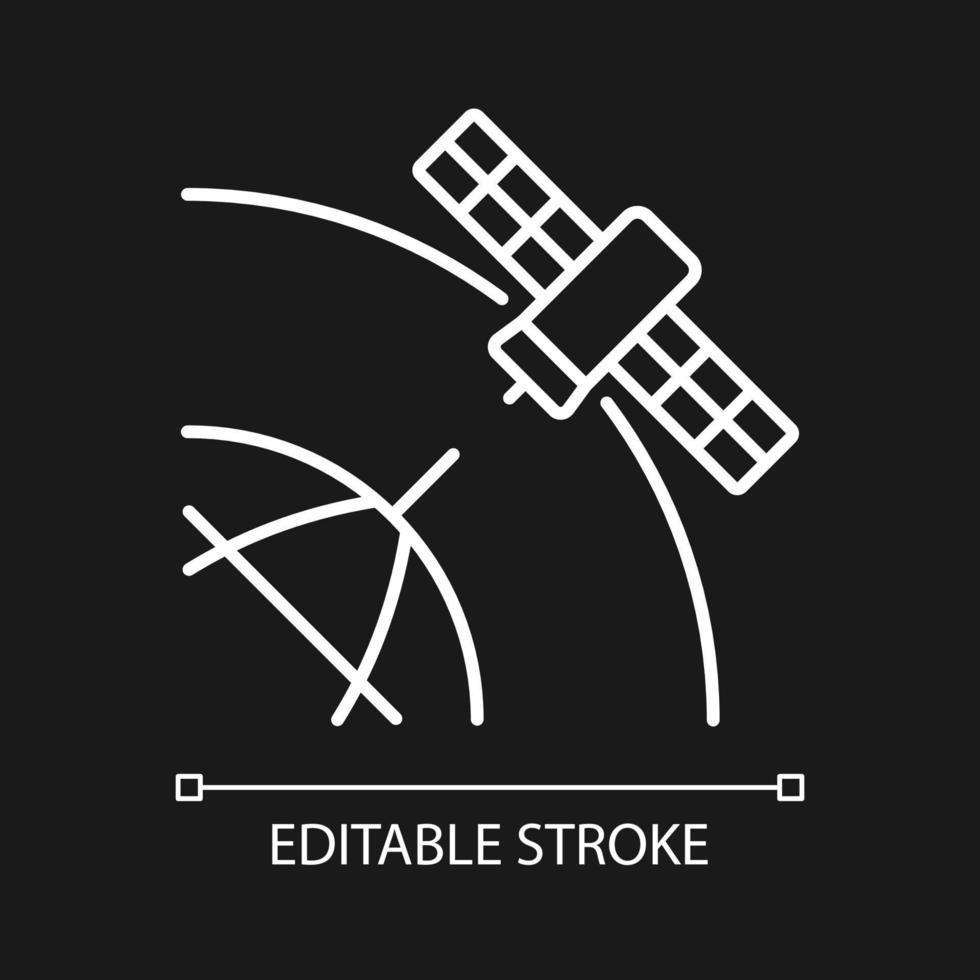 Polar Satellite white linear icon for dark theme. Artifial satelite investigating pole surface. Thin line customizable illustration. Isolated vector contour symbol for night mode. Editable stroke