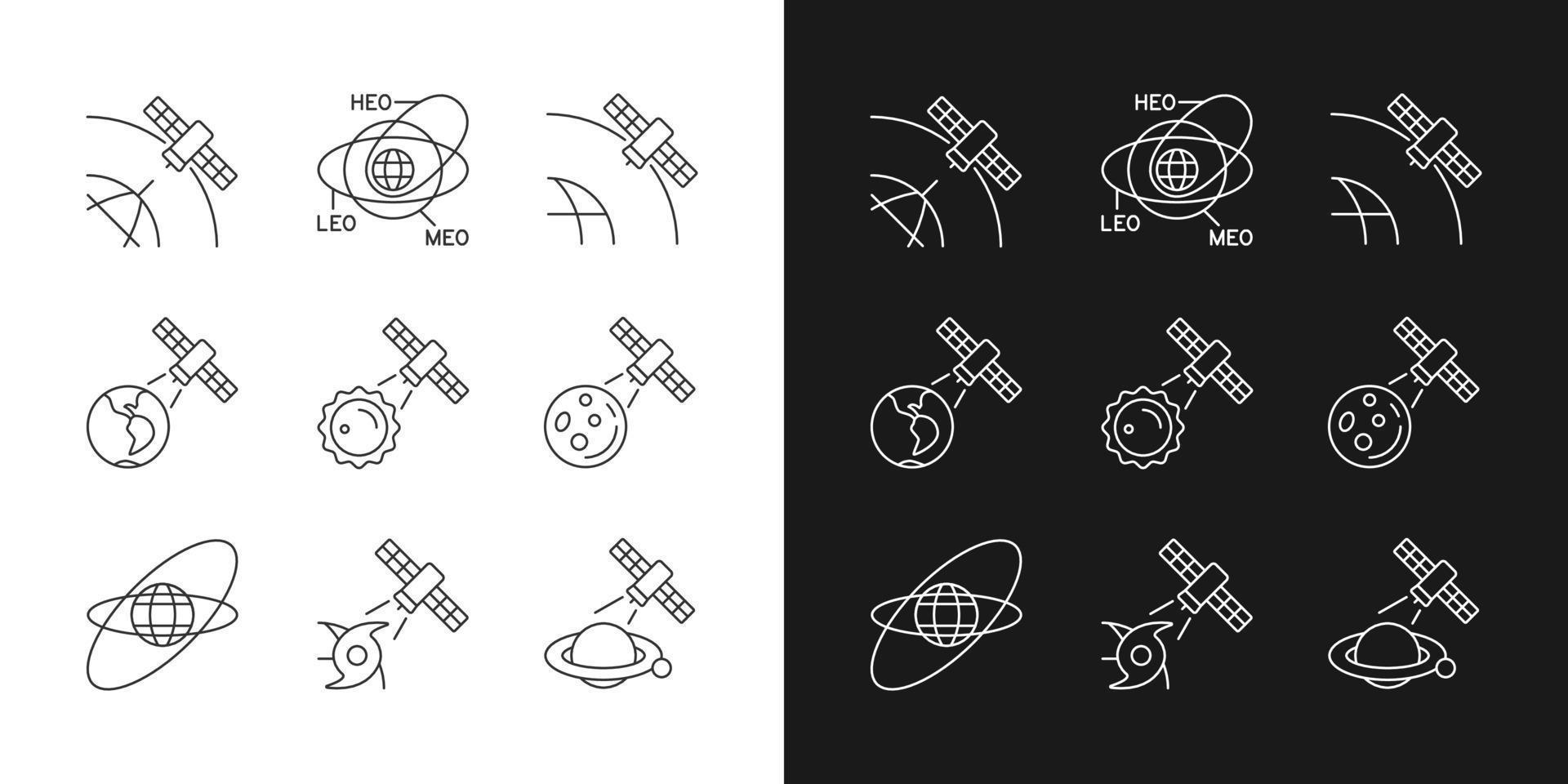 Satellites functions linear icons set for dark and light mode. Global telecommunications network connection. Customizable thin line symbols. Isolated vector outline illustrations. Editable stroke