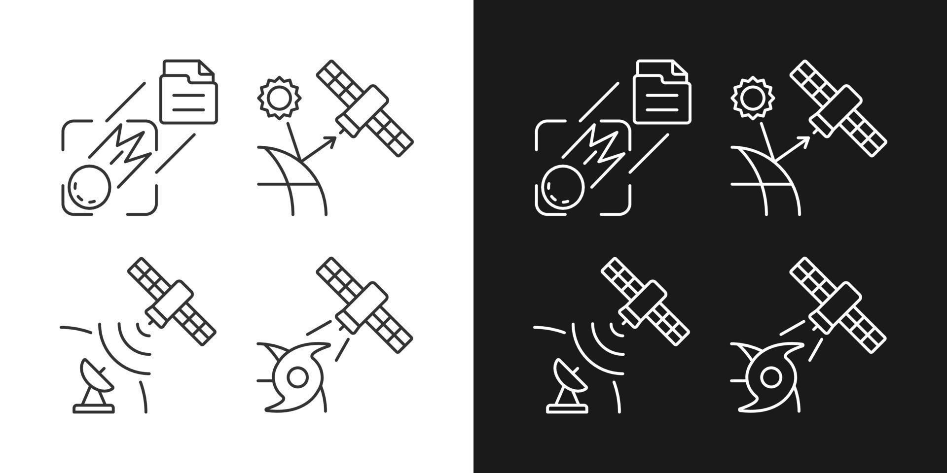 Climate monitoring satellites linear icons set for dark and light mode. Meteorological Earth observation system. Customizable thin line symbols. Isolated vector outline illustrations. Editable stroke