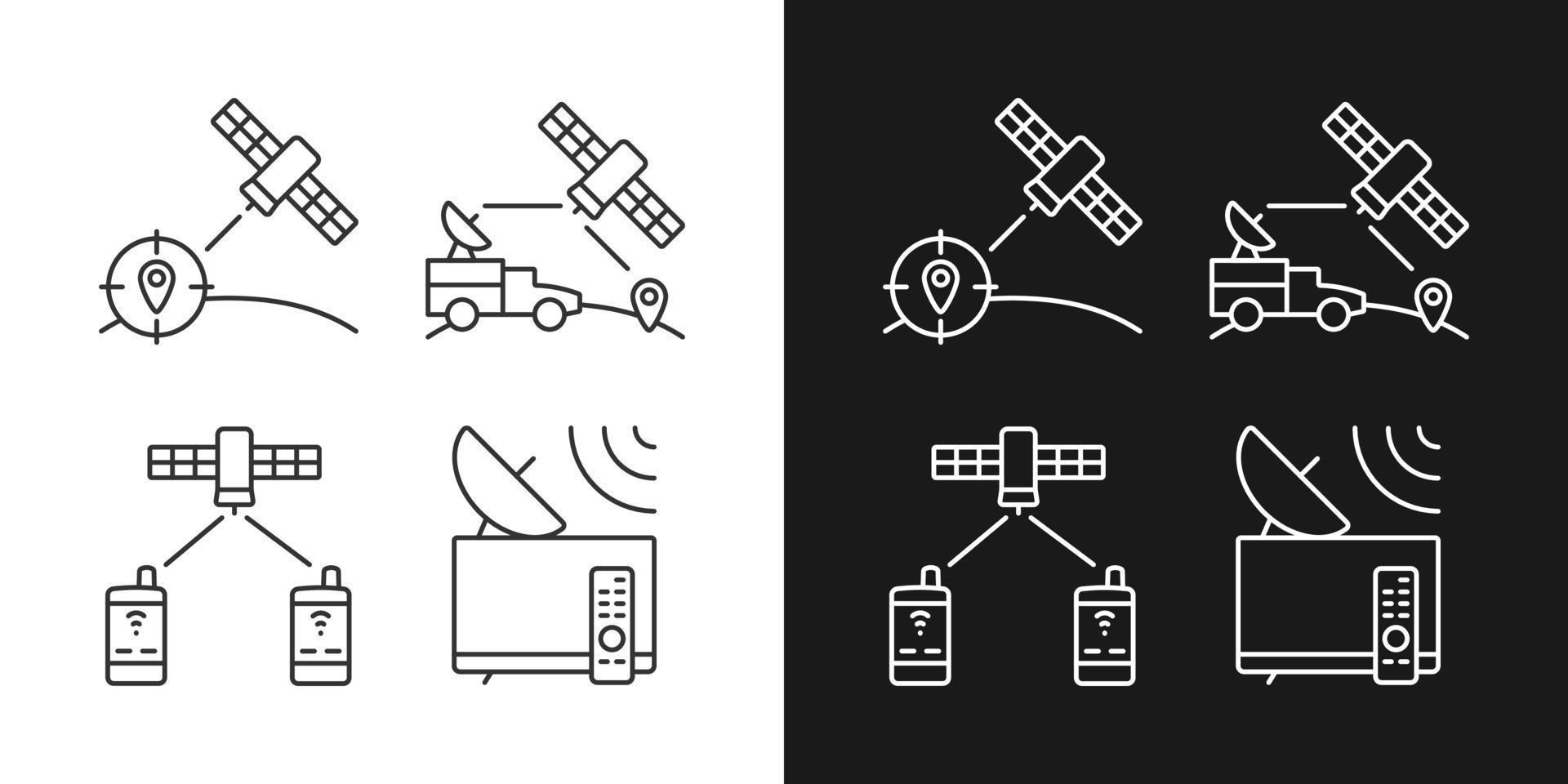 Communications satellites linear icons set for dark and light mode. Global telecommunications network connection. Customizable thin line symbols. Isolated vector outline illustrations. Editable stroke