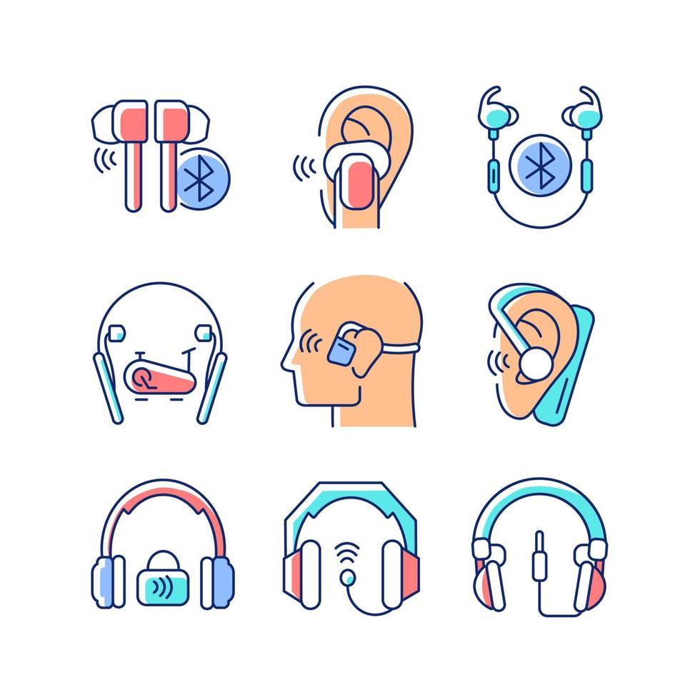 Earphones RGB color icons set. Professional headphones for music mastering. Earpieces for sport. Wired, wireless device. Isolated vector illustrations. Simple filled line drawings collection