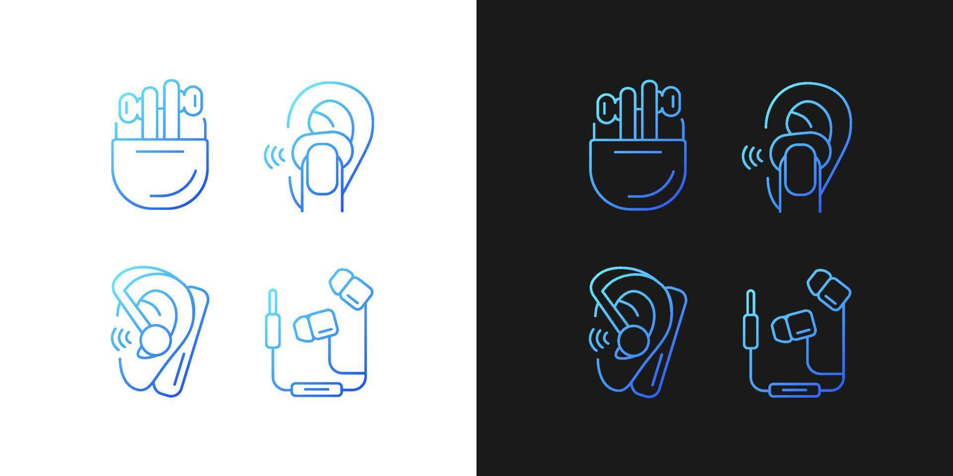 Compact in ear earphones gradient icons set for dark and light mode. Small earpieces. Thin line contour symbols bundle. Isolated vector outline illustrations collection on black and white