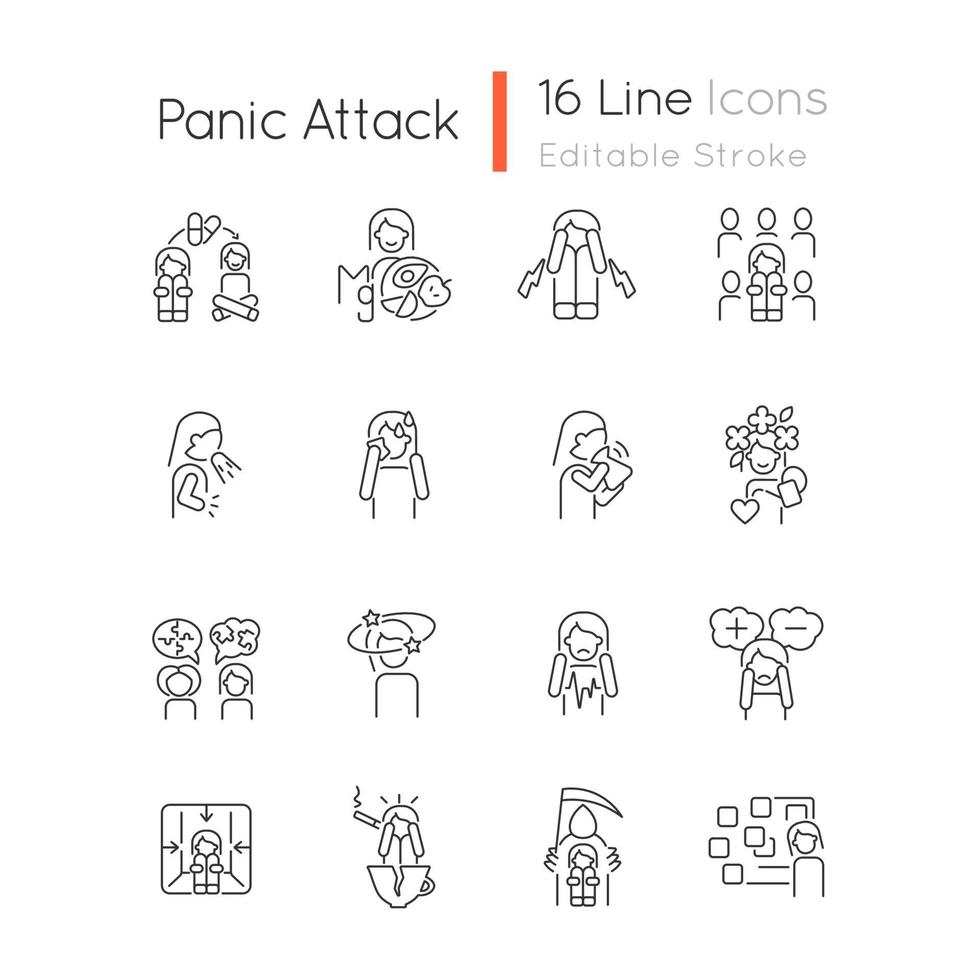 Conjunto de iconos lineales de trastorno de pánico. síntomas y tratamiento. ansiedad y ataque de pánico. problemas mentales. símbolos de contorno de línea fina personalizables. ilustraciones de contorno de vector aislado. trazo editable