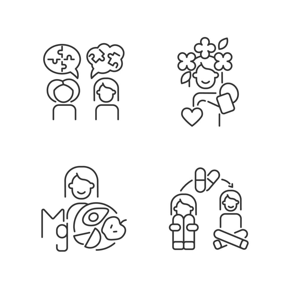 Mental disorders treatment linear icons set. Depression medication therapy. Mental health and wellbeing. Customizable thin line contour symbols. Isolated vector outline illustrations. Editable stroke