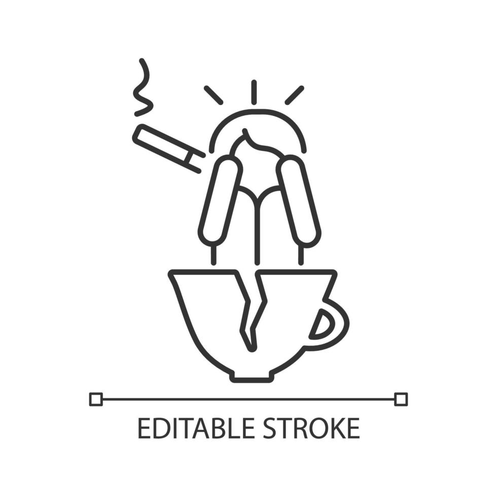 Coffee and nicotine as panic triggers linear icon. Cigarettes and caffeine may lead to anxiety. Thin line customizable illustration. Contour symbol. Vector isolated outline drawing. Editable stroke