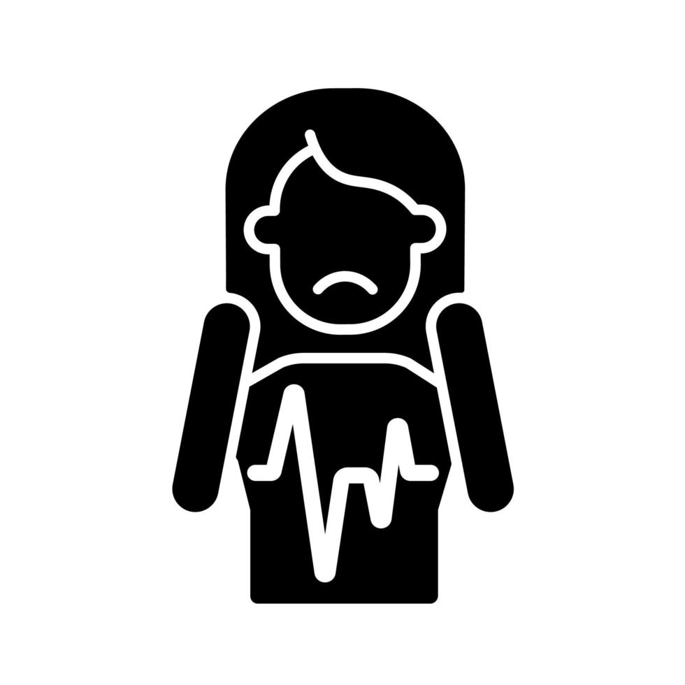 Heart palpitations black glyph icon. Fast beating and fluttering heart. Panic attack and fear symptom. Health problem. Mental disorders. Silhouette symbol on white space. Vector isolated illustration