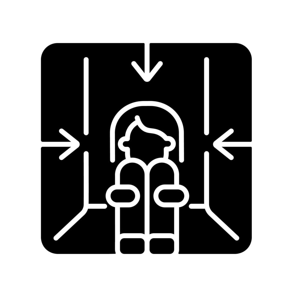 Claustrophobia black glyph icon. Fear of enclosed spaces as panic
