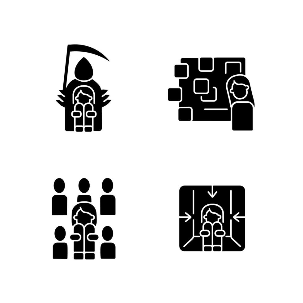 Fears and phobias black glyph icons set on white space. Fear of crowd and death. Depersonalization due to awe. Panic attack and mental disorder. Silhouette symbols. Vector isolated illustration