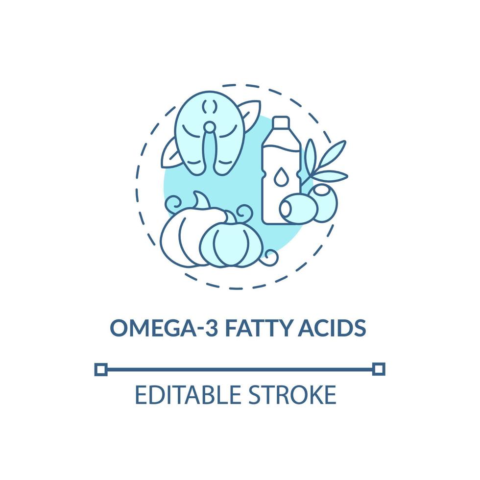 Omega three fatty acids concept icon. ADHD diet abstract idea thin line illustration. Healthy body. Dietary supplements. Health benefits. Vector isolated outline color drawing. Editable stroke