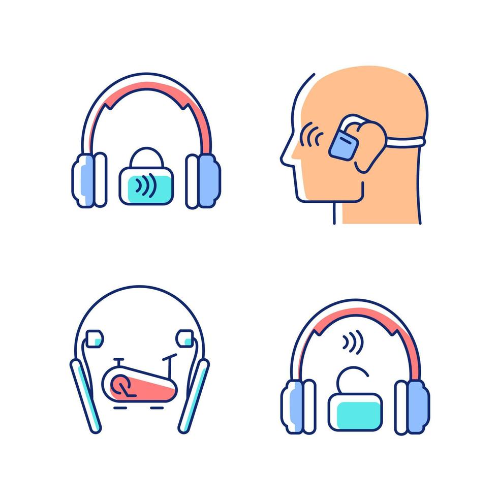 Conjunto de iconos de colores rgb de auriculares inalámbricos. Auriculares intrauditivos profesionales. Auriculares intrauditivos para actividades deportivas. dispositivo manos libres. ilustraciones vectoriales aisladas. colección de dibujos de líneas rellenas simples vector