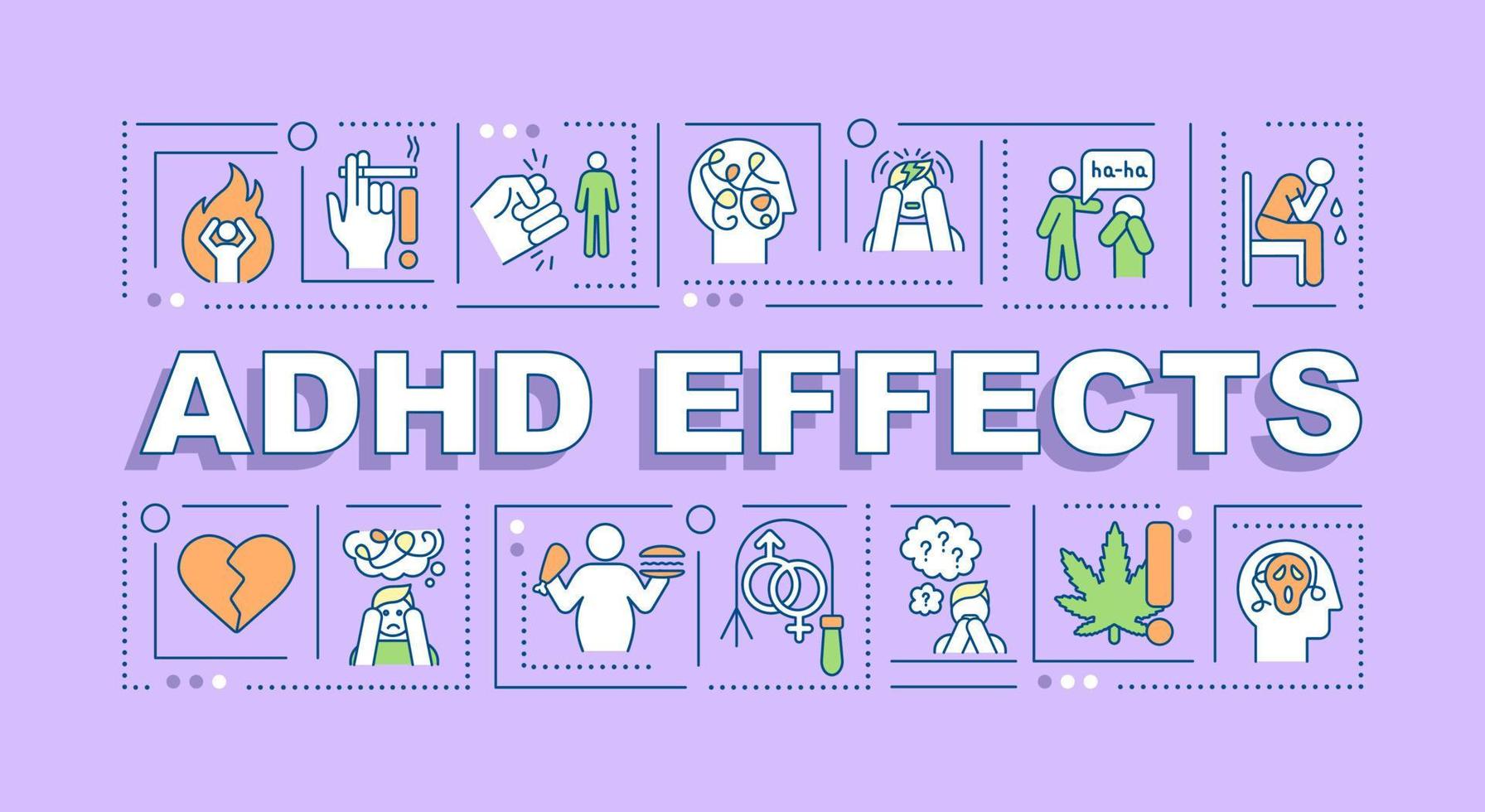 ADHD effects word concepts banner. Mood swings. Poor self-control. Infographics with linear icons on purple background. Isolated creative typography. Vector outline color illustration with text
