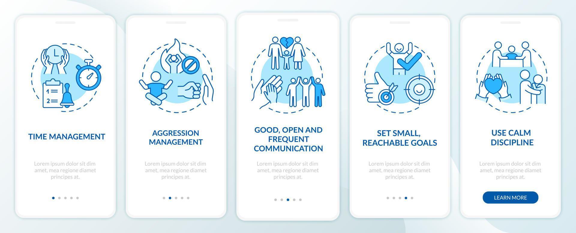 Parenting children with ADHD onboarding mobile app page screen. Aggression control walkthrough 5 steps graphic instructions with concepts. UI, UX, GUI vector template with linear color illustrations